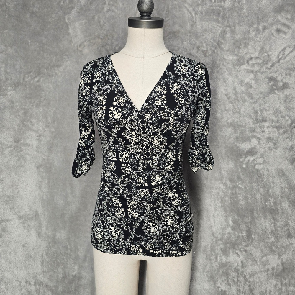 Style & Co Women Top PS Black White Ruched V-Neck 3/4 Sleeve Y2K Stretch Career